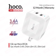 Củ sạc nhanh 3.4A Hoco DC26 chân cắm gập US đèn Led 2 cổng USB chống cháy cao cấp