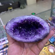 烏拉圭瑪瑙皮錢袋子紫水晶洞消磁石 瑪瑙原皮 無修無補 晶芽顏色濃郁 晶芽顆顆都是大顆粒 小型錢袋子美