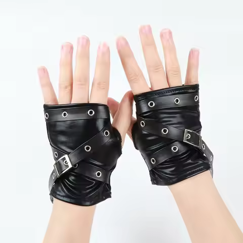 2026 New Women Black Gloves Soft Punk Short Synthetic Leather Half Finger Lady Street Dance Handsome