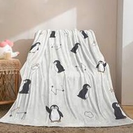 All-Season Cartoon Penguin Theme Blanket, White Base With Simple Cute Hand-Drawn Penguin Figures, Ac