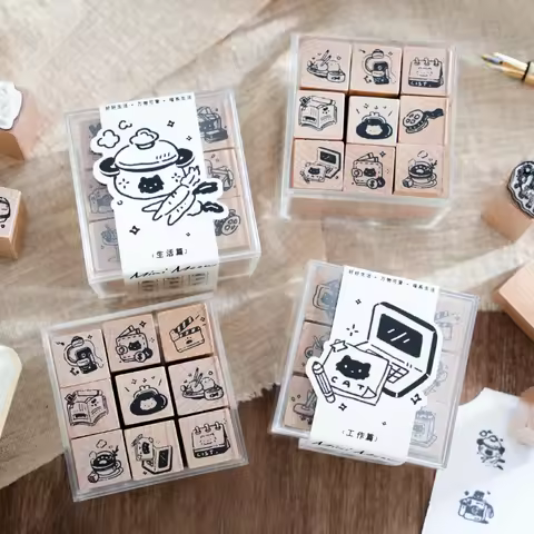 Journal GO 9pcs/set Cute Little Cat Decoration Stamp Retro Wooden Rubber Stamps for Scrapbooking Col