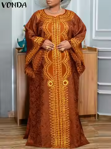 Women Autumn Long Maxi Dress VONDA Long Flare Sleeve Bohemian Printed Vestidos 2024 Vintage Casual L