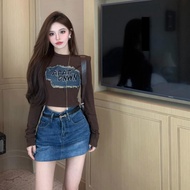 Clothes Fashion Tops Long-Sleeved T-Shirts Bottoming Shirts Short S-XL Denim Patches Letters Women A