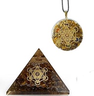 Sawcart Metatron Grid Tiger Eye Orgone Pyramid & Metatron’s Cube Merkaba with 7 Chakra Crystals Orgo