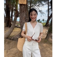 76998 Cotton V-Neck Pocket Texture Short-Sleeved Knitted Cardigan