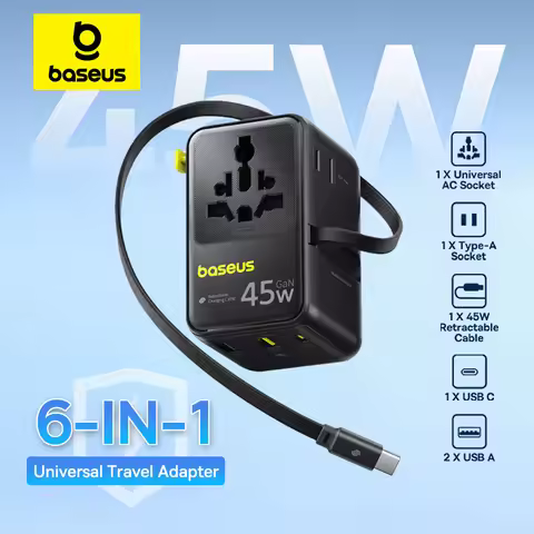 【NEW】Baseus 6-IN-1 GaN Phone Charger Universal Travel Adapter 45W/70W Retractable Cable 2AC Socket E