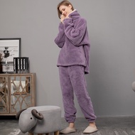 ATUENDO Winter Warm Velvet Purple Pajama Set for Women 100% Flannel Atoff Home Satin Sleepwear Fashi