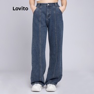 Lovito Casual Plain Pockets Padded Boyfriend Style Women Denim Jeans L36AD034