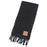 成色極佳 ▲ LOEWE馬海毛羊毛混紡長圍巾，飾有Anagram皮革貼片和流蘇，黑色，西班牙製造，正品，女士