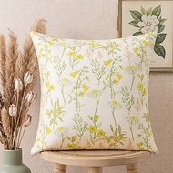Granjoy Gardenia Sketch 100% Cotton Cushion Cover | Yellow Green Floral Sofa Cushion Botanical Decor