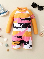 嬰兒男童鯊魚印花長袖防曬衣游泳衣,夏日沙灘服裝