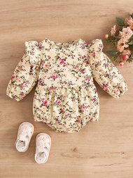 嬰兒女裝襯衫連體衣,荷葉邊設計長袖花卉連身衣,新生兒女裝套裝服飾