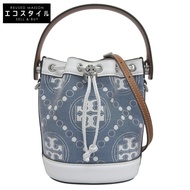 Tory Burch 帆布和皮革 T 字圖案迷你水桶兩用單肩包，女士，藍白相間，10009171，成色極佳