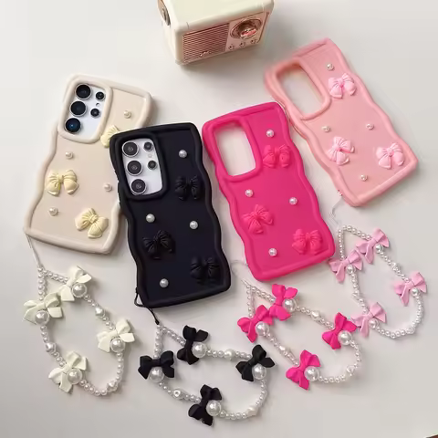 Bowknot Pearl Chain Rope Phone Case For Infinix Hot 8 9 10 12 20 30 Play 40 60 50 Pro Plus 12i 20i 3