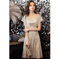 Evening Dress Female Banquet Temperament Light Luxury Niche High-end Gold Evening Wear Host Short Dr