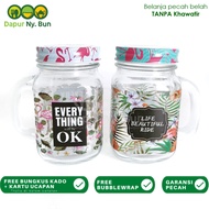 Drinking Mug Jar Kaca + Tutup Motif BUNGA Ukuran 450ml
