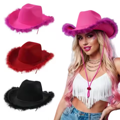 Feather Cowboy Hat Stylish Fuzzy Wide Brim Cap Solid Color Top Hat Party Dress Accessories Valentine