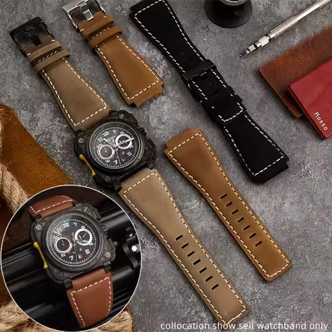 35-24mm convex cowhide band For Bell Ross B&R BR-01 BR-03 Men Genuine leather watchband silicone rub