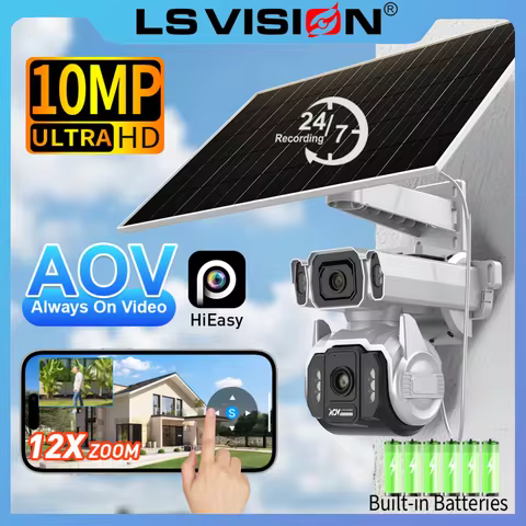 LS VISION Dual Screens 10MP AOV Solar Camera Outdoor 12X Zoom 24/7 Recording 4G SIM Auto Tracking Zo
