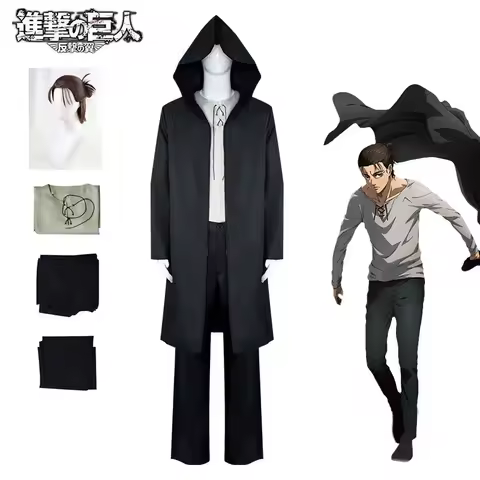 Eren Jaeger Season 4 Cosplay Costume Wig Anime Attack on Titan Eren Cosplay Black Hooded Trench T-sh