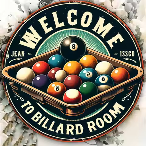 Vintage Round Aluminum Billiard Sign - 8" Pool Cue & Ball Decor for Bars, Game Rooms & Gyms