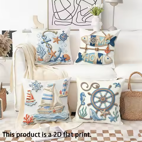 1/4pcs Ocean-Themed 2D Flat Print Pillow Covers Sofa bed cushion cover home bedroom decoration, 2D f