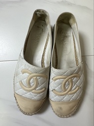 100%正品 Chanel 漁夫鞋 Quilted Leather Espadrilles Flat Shoes White Beige