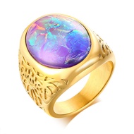 18K Gold Plated Men's Stainless Steel Opal Stone Rings Wedding Ring Cool Simple Band High Polish Ete