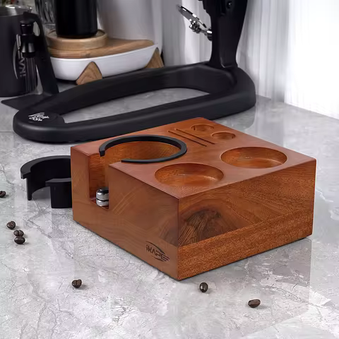 IKAPE Espresso Tamper Holder, 7 in One Wooden Coffee Tamper Station Base Natural Walnut Espresso Tam