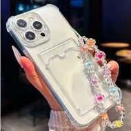 Wallet Durable Transparent TPU Protective Phone Case With Card Slot, Paired With Spring Floral Hangi