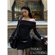 Women's Ribbed Off-Shoulder Dress, Long Sleeves - Tharo Clothing [DAM0073]