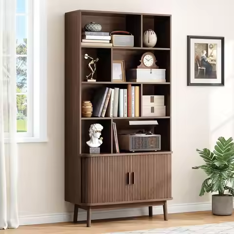 71" Tall 8-Cube Storage Bookshelf, 35.4" Wide Mid-Century Modern Bookcase with Sliding Door Storage 