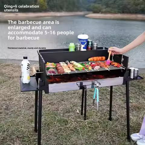 Three Sided Stainless Steel Large Outdoor Portable Windproof Grill Storage Korean Bbq Barbecue Grill