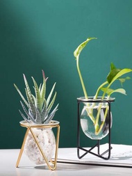 1入組玻璃植物帶金屬支撐架水培植物玻璃容器花瓶中心裝飾品燈泡玻璃播種機辦公室裝飾用品,黑色,金色