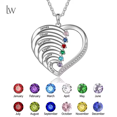 Personalized Mothers Birthstone Necklace 2~6 Family Birthstone Heart Pendant Necklace Custom Name Bi