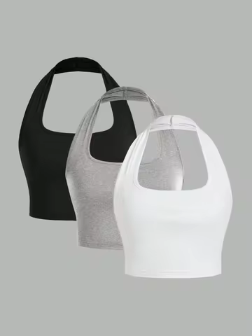 Women's 3 Pack Halter Neck Crop Tank Tops U‑Neck Sleeveless Slim Fit Basic Cami Crop Tops Multipack