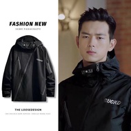 Li Xian hooded zipper jacket men's motorcycle windbreaker da#李现连帽斜拉链夹克男机车风衣暗黑冲锋衣防水系外套街头潮牌705