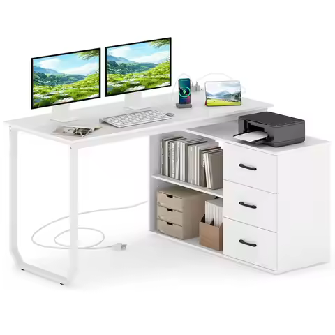 55 Reversible L Shaped Desk with 3 Drawers, Home Office Desk with Adjustable Shelf amp Power Outlet,
