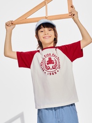 兒童裝|Logo/小熊印花純棉圓領短袖T恤-紅白撞色