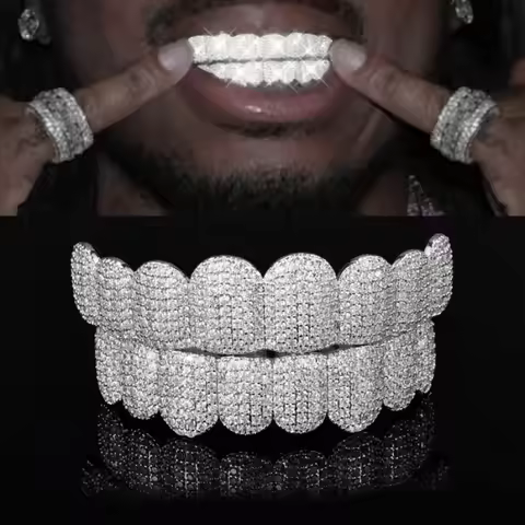 18k Gold Plated Iced Zircon Tooth Grills Hiphop Rock Women Men 5A Cubic Zirconia Teeth Grill Party H