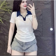 [A485] Women's polo neck T-shirt with body-hugging form (Color-coordinated collar) with lovely outfi