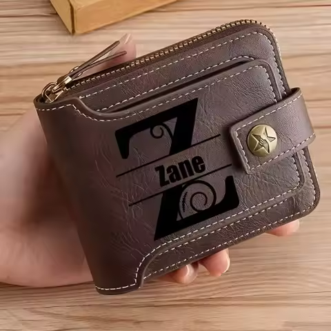 Personalized PU Leather Chain Short Wallet For Man, Engraved Name&Text Bifold Stylish Brown Wallet F