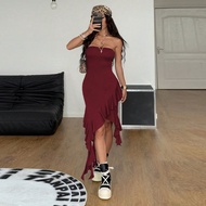 Women's Summer Concert Western Wear Vacation Y2K Gyaru Stretchy Asymmetrical Ruffle Sleeveless Burgu