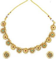 Traditional Indian Handcrafted Gold Plated Kundan,CZ, Studded Necklace Jewellery Set with Matching Flower Design Stud Earring for Women (SJN_153), Brass, Cubic Zirconia