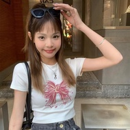 (Allthebest) PINYUN STORE I083 Thick Crop Top y2k Short Sleeve Women's Crop Top Bow Tie