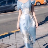 sabrina long midi dress lengan pendek tuff premium europe paris slit gown gaun pesta wedding party e