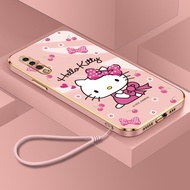 Casing Samsung Galaxy A20 A30 A50 A50S A30S A31 A51 A71 4G 5G Ultra-thin Plating Square Lovely Cartoon Hello Kitty Silicone Case with Lanyard Phone Case