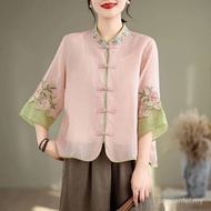 Cotton Retro Ethnic Stand-Up Collar Embroidered Shirt for Women - Short Sleeves