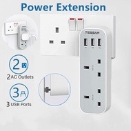 2 Way Extension Plug Adaptor UK with 3 USB, Multi Plugs Extension Adapter, 13A UK 3 Pin Wall Charger Socket Power Extender for Home, Kitchen, Office