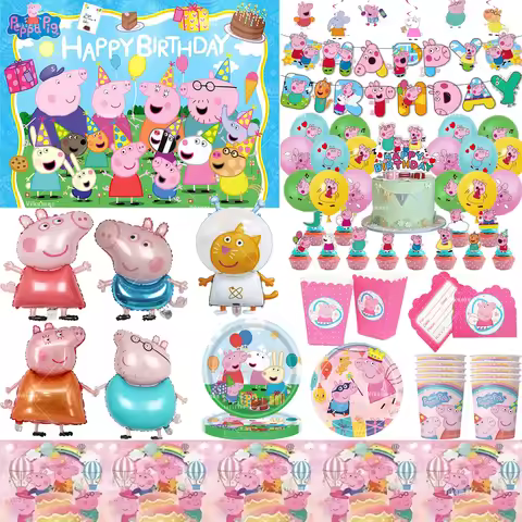 Peppa Pig Theme Foil Latex Balloon George Happy Birthday Banner Party Decoration Cake Topper Disposa